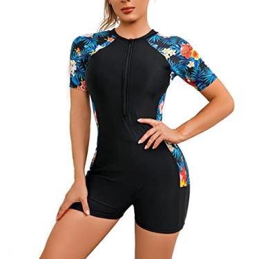 Imagem de Maiô feminino Rashguard floral para surfe, roupa de banho Rash Guard Boyleg com proteção UV, Preto, amarelo, floral, P