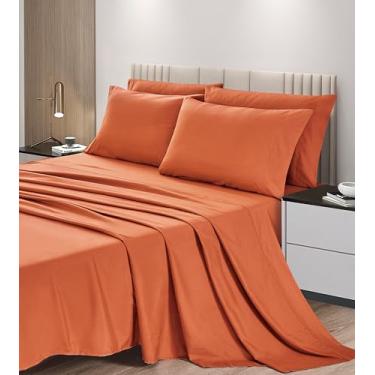 Imagem de Chezmoi Collection Jogo de lençol casal de 6 peças laranja enferrujado - Lençol de microfibra escovada respirável extra macio com bolso profundo de 38 cm e 4 fronhas