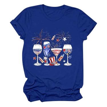 Imagem de Camiseta feminina 4th of July Taças de vinho gráfico patriótico blusas Dia da Independência camiseta festa de verão, Azul, M