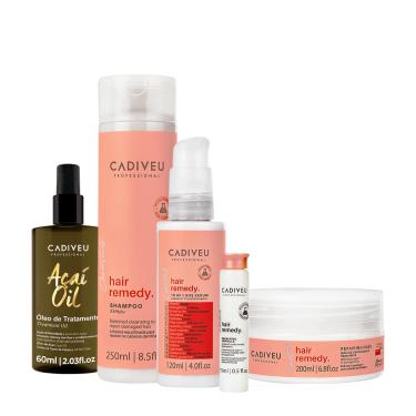 Imagem de KIT CADIVEU ESSENTIALS HAIR REMEDY SHAMPOO MáSCARA LEAVE-IN SéRUM AMPOLA E AçAí OIL 60 (5 PRODUTOS) 