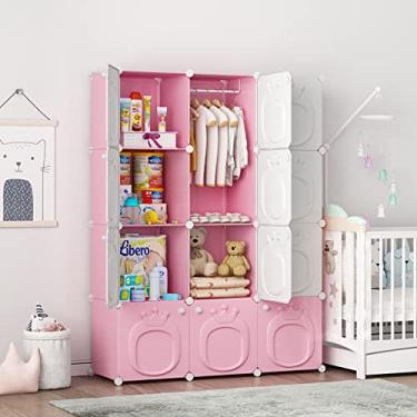 Imagem de MAGINELS Armário de guarda-roupa infantil, armário de bebê com porta. Organizador de armários para bebês meninas para quarto. Duas áreas de fantasia infantil penduradas abertas e 8 cubos de