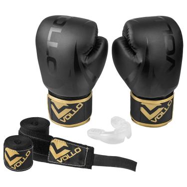 Imagem de Vollo Kit Luva de Boxe e Muay Thai Preta 10oz + Protetor Bucal Transparente + Bandagem Elástica Preta 3m
