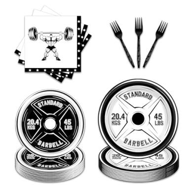 Imagem de Gym Party Decorations Tableware | 24 Guests Bodybuilder Party Plates Napkin and Forks Fitness Barbell Party Supplies Suitable for Gym Lovers and Weight Lifters