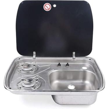 Imagem de Fogão de acampamento a gás Cooktop a gás embutido para RV Fogão a gás de 2 queimadores e 1 combinação de pia de aço inoxidável com tampa de vidro para acampamento ao ar livre Motorhome Carav
