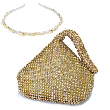 Imagem de KAITAK Bolsa feminina clutch de strass, bolsa triangular tamanho mini com faixa de cabeça de pérola de strass para festa de formatura - dourada, Dourado