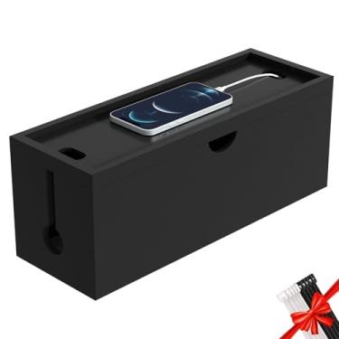 Imagem de Caixa de gerenciamento de cabos de bambu, caixa organizadora de cabos grande para esconder fios e tiras de energia para suporte de cabo de armazenamento de mesa para escritório em casa, sem