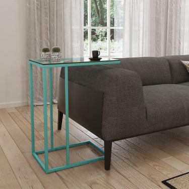 Imagem de Mesa Lateral Industrial Elena De Vidro Base Ferro Azul Turquesa - Cor: Branco