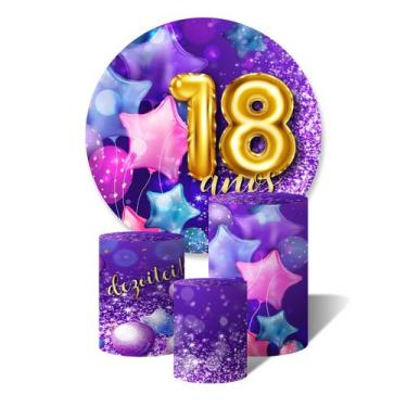 Imagem de Kit Trio de Capas Cilíndricas + Painel Redond18 Anos Dourado Balões Es