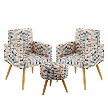 Imagem de Kit 2 Poltronas Decorativas Vega Com Puff Solar Sued Estampado Laranja