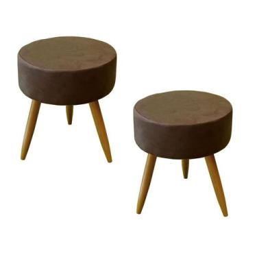 Imagem de Kit 02 Puffs Banqueta Redondo Classic Suede Marrom Claro Pés Madeira P