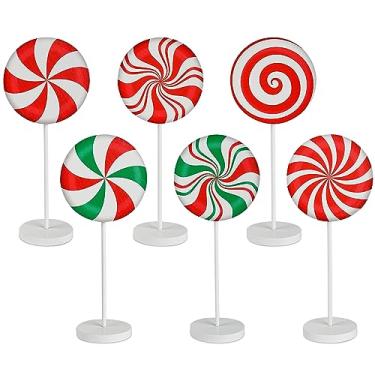 Imagem de 6 Pcs Wooden Christmas Peppermint Sign Holiday Red Green Candy Canes Wood Block Standing Topper Farmhouse Lollipop Table Centerpiece for Xmas Party Home Kitchen Tiered Tray Decor