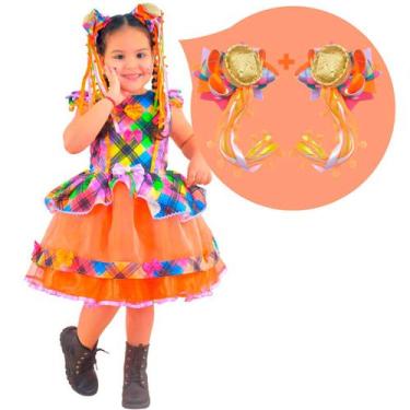 Imagem de Kit Vestido Festa Junina Xadrez Tule Laranja Tom Neon + 2 laços - Mode
