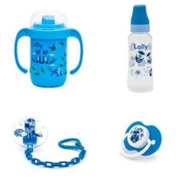 Imagem de Kit Lolly Azul Mamadeira + Copo Com Alça + Prendedor + Chupeta