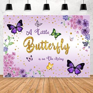 Imagem de 7x5ft Purple Butterfly Baby Shower Backdrop A Little Butterfly is on The Way Background for Photography Gold Spots Flower Photo Backdrop Princess Girl Birthday Party Decorations Supplies SL088 …