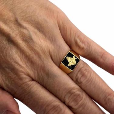 Imagem de Anel Ouro 18k Maçonaria Pedra Onix 1cm Maçon Feito A Mão K5 - Fab Joia