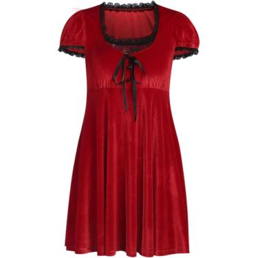 Imagem de Vestido gótico retrô de renda estética feminino veludo harajuu suspender verão vestido linha a vestido de festa de manga curta, vermelho, s