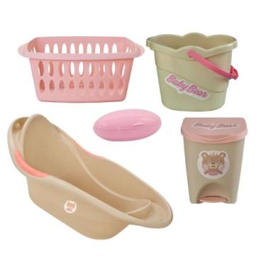 Imagem de Kit banheira infantil usual baby bear saboneteira cesto multiuso balde