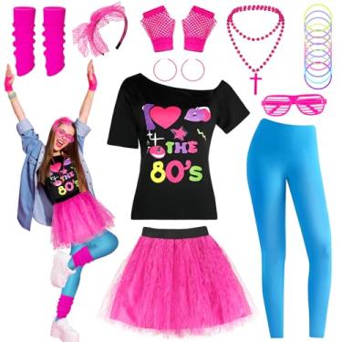 Imagem de Mukum Conjunto de fantasia dos anos 80 para mulheres dos anos 80, conjunto de acessórios, camiseta com ombro de fora, leggings e pulseiras para saia vazada, B - Leggings azuis, M