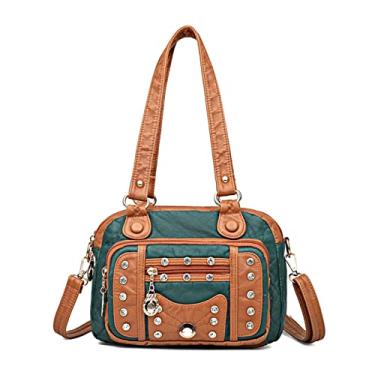 Imagem de Bolsas femininas femininas de couro macio de qualidade luxuosas pequenas femininas de ombro bolsas carteiro com rebite bolsa feminina(Green)
