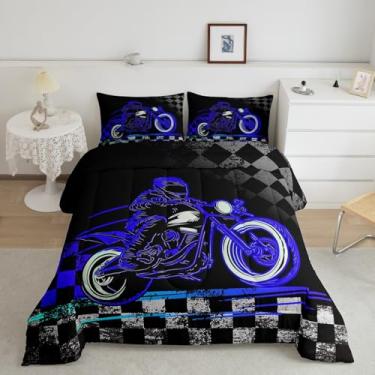 Imagem de Feelyou Conjunto de edredom solteiro roxo para esportes radicais, motocross, corrida, motocross, esportes radicais, xadrez, motocicleta, preto e branco