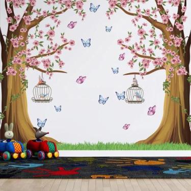 Imagem de Papel de Parede infantil Árvores em aquarela com borboletas coloridas 