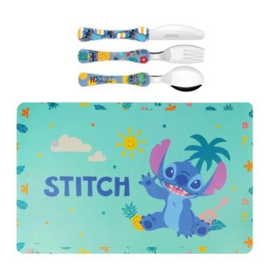 Imagem de Jogo Americano e Talheres Infantil Stitch Disney Aço Inox 3 Peças - Si