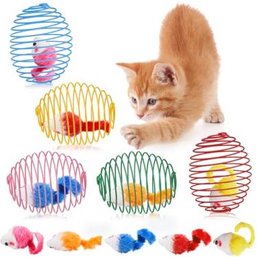 Imagem de Jecery 5 peças de bolas de mola extensíveis para gatos, bolas interativas, bobinas coloridas e divertidas, brinquedo de ação de primavera, ratos enjaulados para gatos e gatos, suprimentos para animais