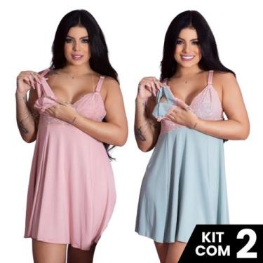 Imagem de Kit 2 Camisolas de Amamentação Renda Fecho Prático Pós Parto Gestante 