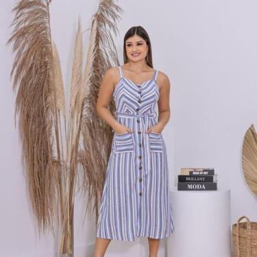Imagem de Vestido Feminino Midi Listrado em Sarja com Botões Frontais Bolsos e F