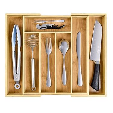 Imagem de Suporte de talheres expansível de bambu ajustável e organizador de talheres com divisórias de gaveta de bloco de facas, bandeja organizadora de armazenamento - serve para a maioria das gavetas (7