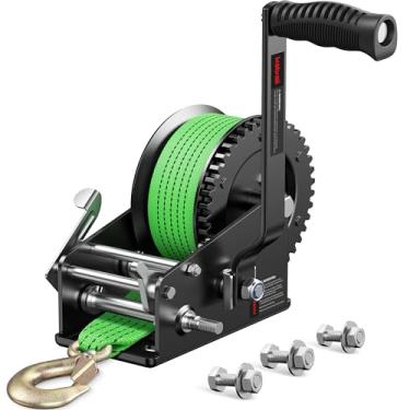 Imagem de Kolvoii Guincho de reboque de barco de 1,587 kg com correia de 33 pés, guincho manual resistente, catraca de 2 vias, relação de engrenagem 4: 1/8: 1, alça confortável para barco, trailer, fuzileiro