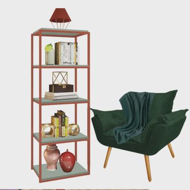 Imagem de Kit Poltrona Fatte com Manta Soft Verde e Estante Livreiro Ferro Bronze mdf Verde Oliva Suede Verde Musgo - Ahz Móveis