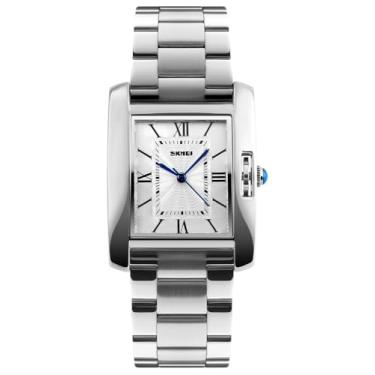 Imagem de MASTOP Relógio unissex feminino masculino retangular ouro rosa aço inoxidável à prova d'água cristal analógico quartzo numerais romanos, Prata, Tendência