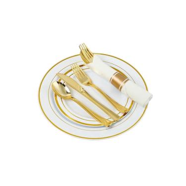 Imagem de Kit 30 Convidados Pratos E Talheres Descartável Luxo Gold