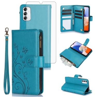 Imagem de Asuwish Capa de celular para Samsung Galaxy A14/M14 5G carteira celular com protetor de tela de vidro temperado alça de pulso flor flip zíper porta-cartão slot suporte A 14 4G 14A 14M G5 mulheres