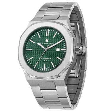 Imagem de SAPPHERO Relógios masculinos octogonal 10ATM impermeável negócios casual moda homens japonês de quartzo de aço inoxidável luminoso relógio de pulso de presente para homens, Verde-lasca, pulseira