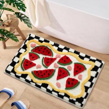 Imagem de ORTIGIA Tapete de banho xadrez melancia para banheiro, tapete de banheiro fofo, antiderrapante, microfibra macia, absorvente, lavável para lavanderia, decoração de casa, 51 x 81 cm