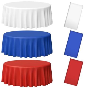 Imagem de MASHAN Pacote com 3 toalhas de mesa de plástico 4 de julho, toalha de mesa descartável patriótica vermelha, branca e azul, capa de mesa redonda à prova d'água para decorações do Dia dos Veteranos do