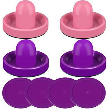 Imagem de ONE250 Air Hockey Pushers and Red Air Hockey Pucks, Goal Handles Paddles Acessórios de Substituição para Tabelas de Jogo (4 Striker, 4 Puck Pack), Pink & Purple