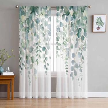 Imagem de Cortinas transparentes para plantas de 213 cm de comprimento, folhas de eucalipto, painéis de tratamento de janela verde sálvia, haste de filtragem de luz, cortina de voile para quarto/sala de estar