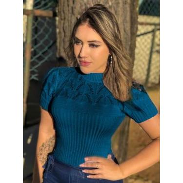 Imagem de Blusa Tricot Manga Curta Gola Alta - Vitrine Colleciton, Azul, U