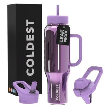 Imagem de Copo Coldest com alça e canudo, copo 100% à prova de derramamento com canudo (3 tampas), copos isolados de aço inoxidável à prova de vazamento para mulheres e homens, suporte de copo, 1,304 g (Violet