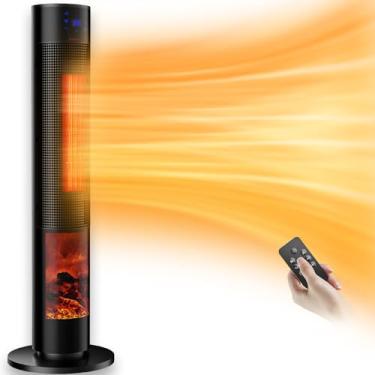 Imagem de ETTFGUH Aquecedor Elétrico Portátil Para Ambientes Grandes, Torre De Cerâmica 36" Com Aquecimento Por Chama 3D, Oscilante, Controle Remoto, Proteção Contra Tombamento E Superaquecimento, Uso Interno
