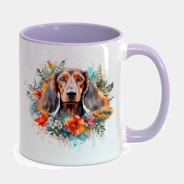 Imagem de Caneca Porcelana Branca Alça e Interior Roxa 325ml - ACACHORRO DACHSHUND FLORES