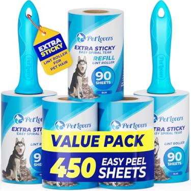 Imagem de PetLovers Conjunto de rolo de fiapos extra pegajoso, 450 folhas para remoção de pelos de animais de estimação, removedor de fiapos de cães e gatos, pacote com 5, azul claro