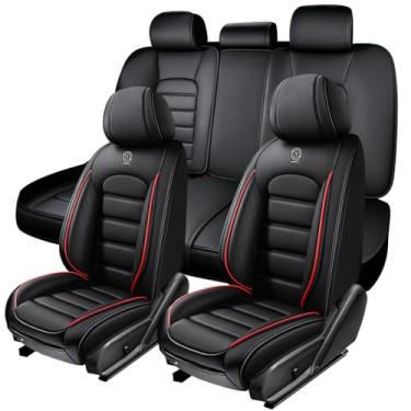 Imagem de AFUNTIO Conjunto completo de capas de assento de carro, capas de almofada de couro napa, ajuste universal 98% caminhonete SUV, capa de assento automotiva, capa de assento impermeável (padrão - preto e