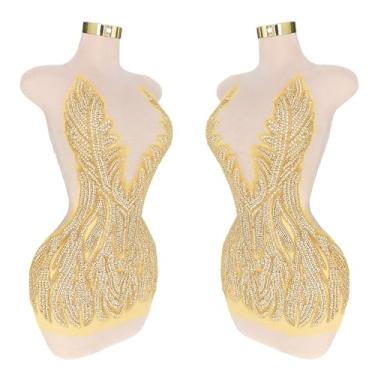 Imagem de FRILMS Corpete grande aplique de renda lantejoulas strass apliques finos costurados à mão cristais e contas para roupas sociais (L7-ouro)