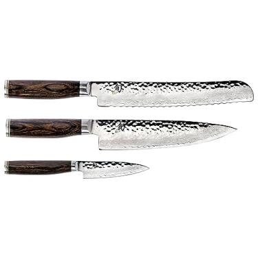 Imagem de Shun Conjunto De 3 Facas Premier Damascus Com Cabo Madeira Pakka, Incluindo Faca Chef 20 Cm, Pão 23 Cm E Para Descascar 10 Fabricado Em Seki, Japão
