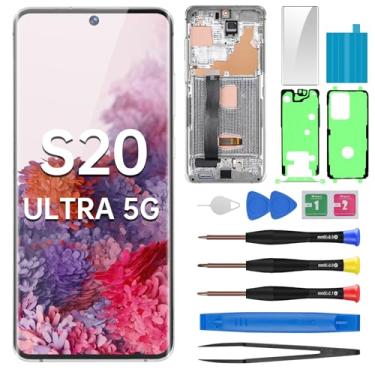 Imagem de BESJMYT Tela de substituição AMOLED para Samsung Galaxy S20 Ultra 5G OLED Display Touch digitalizador conjunto completo com moldura branca nuvem e botão lateral kit de ferramentas de reparo de vidro