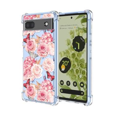 Imagem de OEURVQO Capa para Google 6A Pixel 6A, estampa de flor de borboleta transparente, silicone macio TPU à prova de choque, capa protetora para celular Google Pixel 6A (borboleta floral)